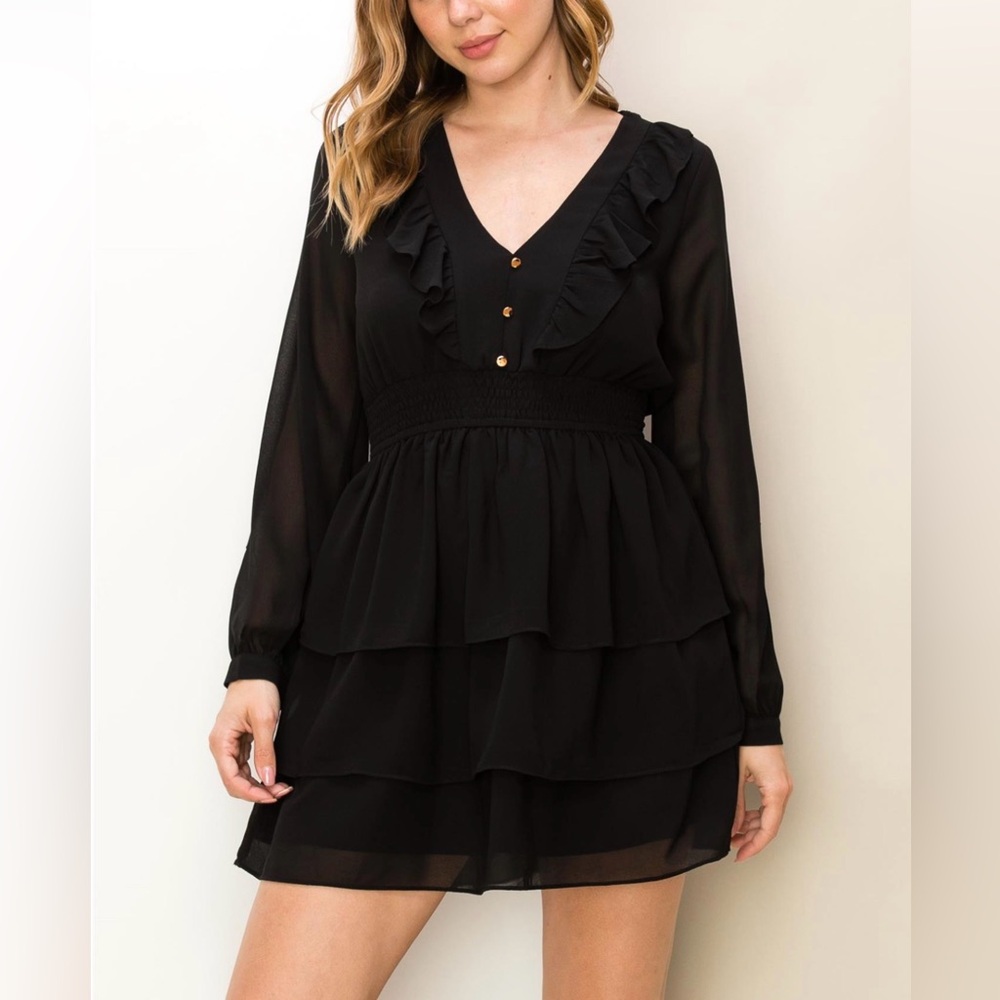 Black Ruffled V-Neck Blouse